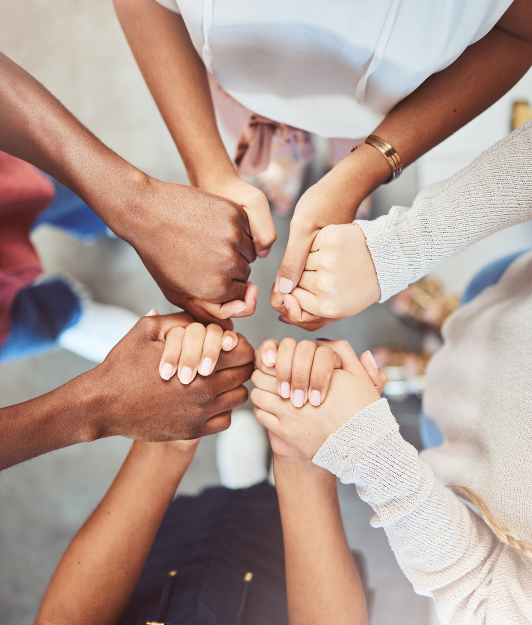 Support, Prayer and Trust with People Holding Hands in Counseling for Mental Health, Wellness or Teamwork. Worship, Hope and Community Group for Help, Solidarity or Spiritual Faith from above